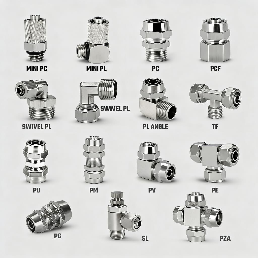 Comprehensive catalog of pneumatic fittings including PC straight, PL elbow, PU union, PE tee, and SL speed controller types.