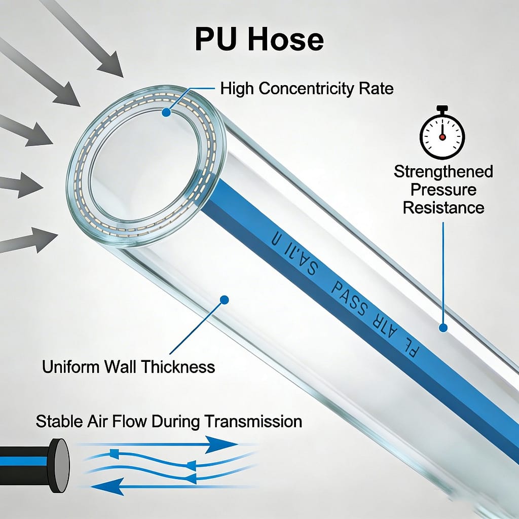 Exploded view diagram of a high-pressure pneumatic PU hose, highlighting uniform wall thickness, high concentricity rate, strengthened pressure resistance, and stable air flow during transmission.