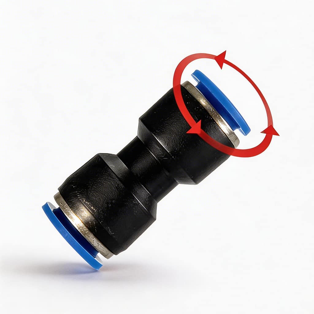 Close-up view of a black plastic straight pneumatic push-to-connect fitting with two blue release rings for industrial air hose connection.