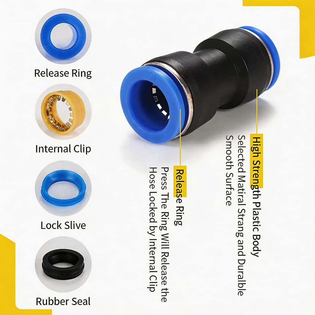 Internal structure of a high-performance pneumatic swivel joint showing release ring, internal clip, lock sleeve, and rubber seal for leak-free rotation.