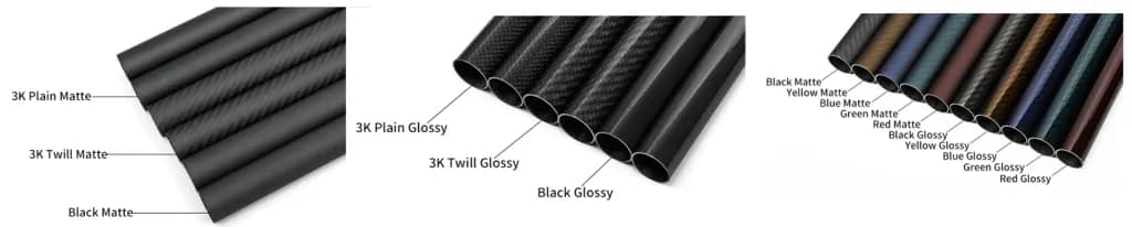 Comparison of carbon fiber tube finishes including 3K plain matte, 3K twill glossy, black matte, and various colored glossy options for custom manufacturing.