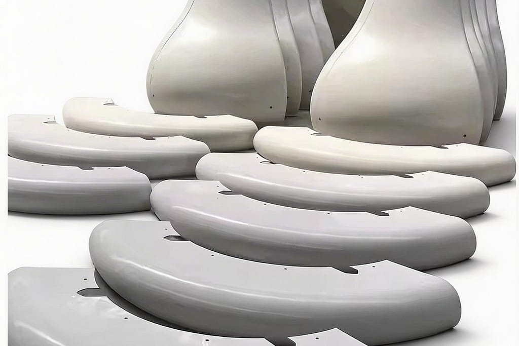 Custom-shaped fiberglass enclosure for industrial machinery, featuring a complex geometric design with high-strength FRP material, providing durable protection and a professional finish for equipment housing, manufactured by DISLAB.