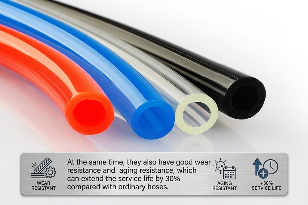 Flexible pneumatic PU hoses in assorted colors with good wear and aging resistance, designed to extend service life by 30% compared to ordinary hoses.
