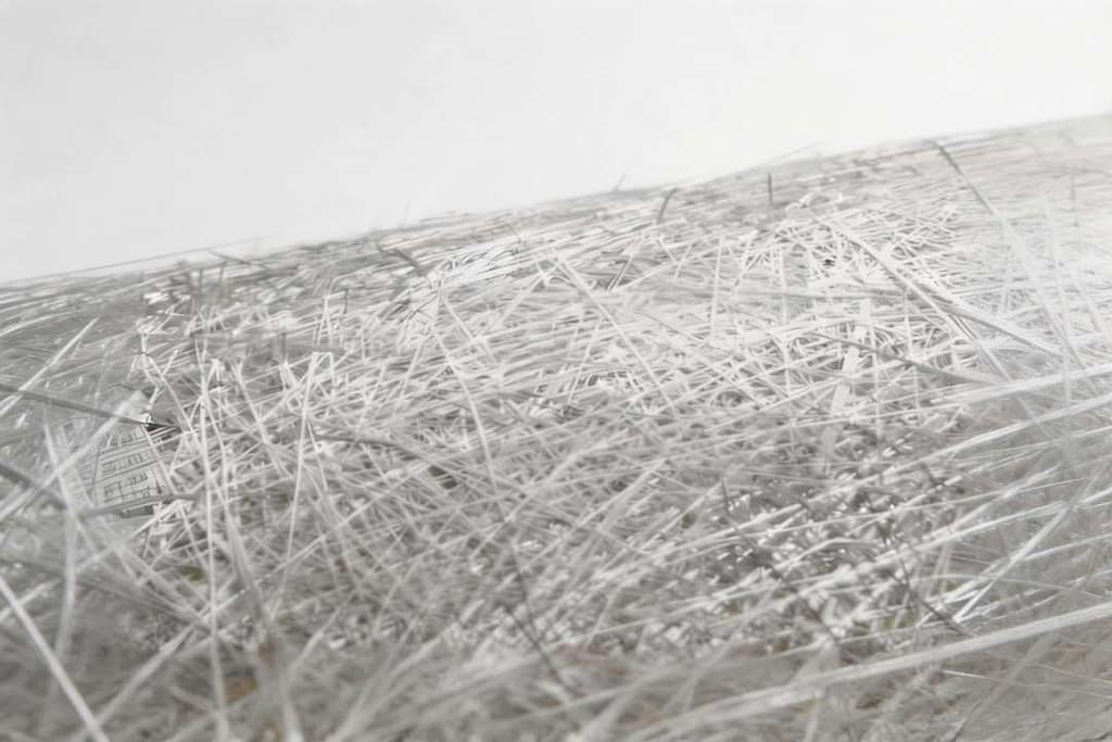 Glass fiber strands forming process for FRP manufacturing - close-up view of raw fiberglass strands used in composite materials