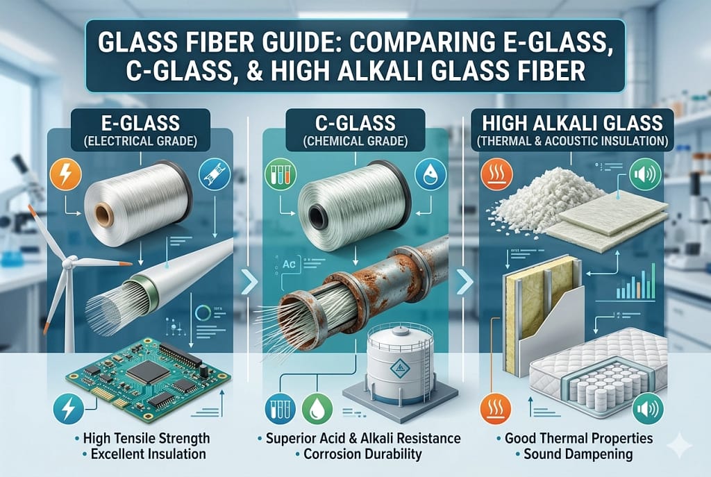 Infographic comparing E-Glass, C-Glass, and High Alkali Glass Fiber, illustrating their unique properties and industrial applications like electronics, piping, and insulation.