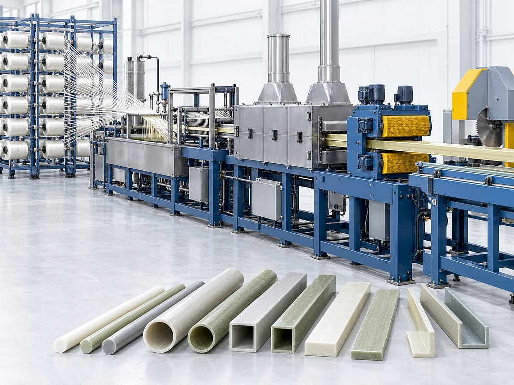 FRP pultrusion line with continuous fiberglass entering and finished profiles exiting