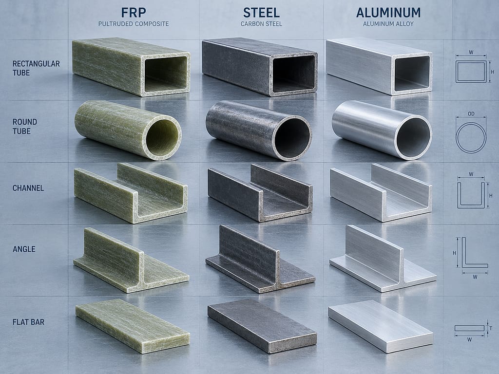 Pultruded FRP, steel and aluminum industrial profiles shown side by side for material comparison