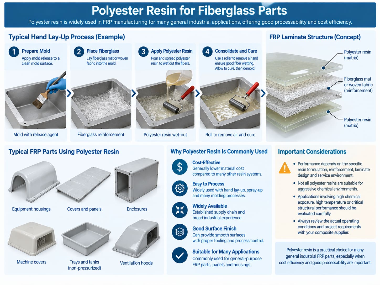 Polyester resin wetting fiberglass reinforcement for molded FRP parts