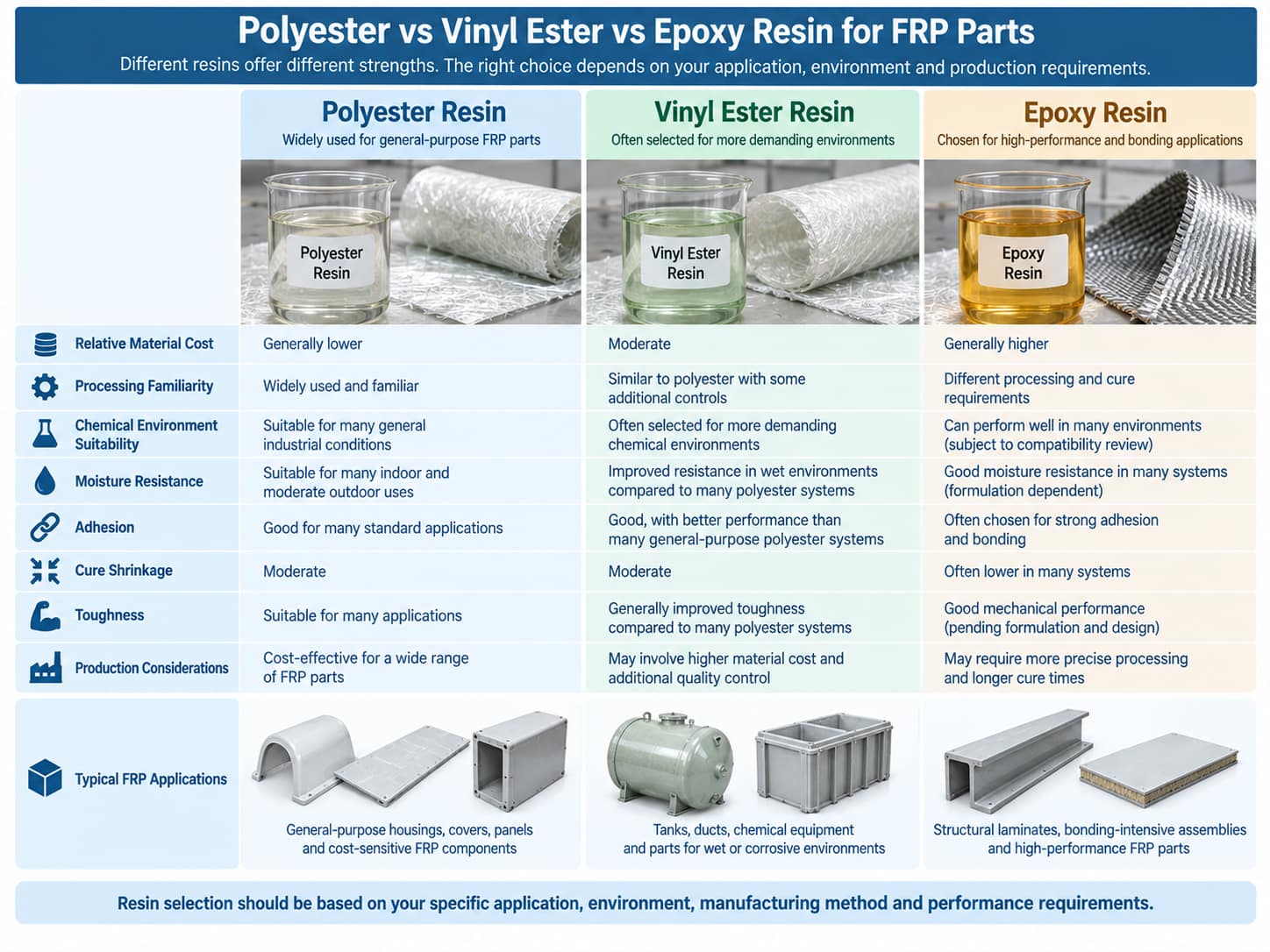 Polyester, vinyl ester and epoxy resin comparison for FRP parts