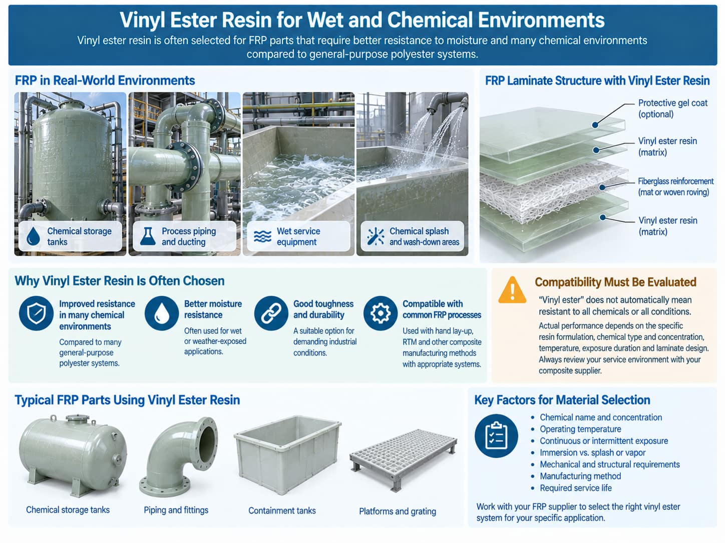 Vinyl ester FRP components for wet and chemical environments with compatibility evaluation