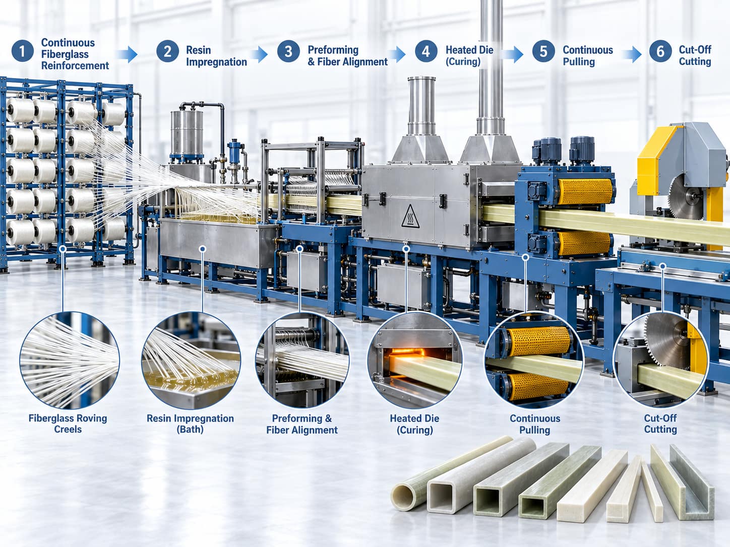 Fiberglass pultrusion process from reinforcement and resin impregnation through heated die, pulling and cutting