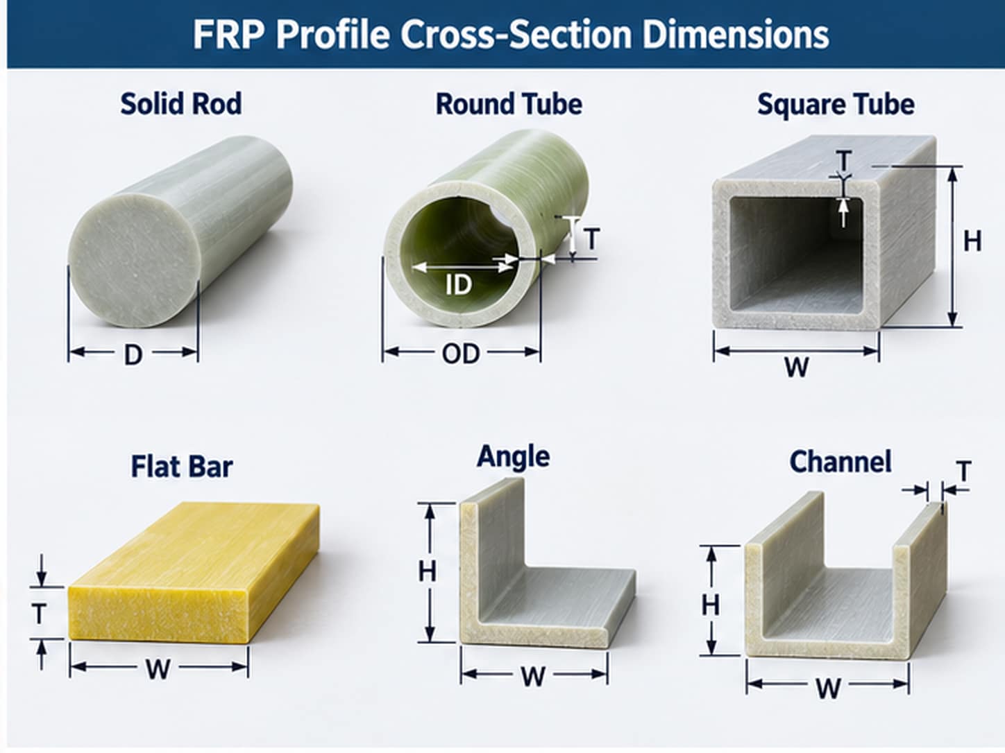 FRP rod, tube, flat bar, angle and channel cross-sections with typical dimensional callouts