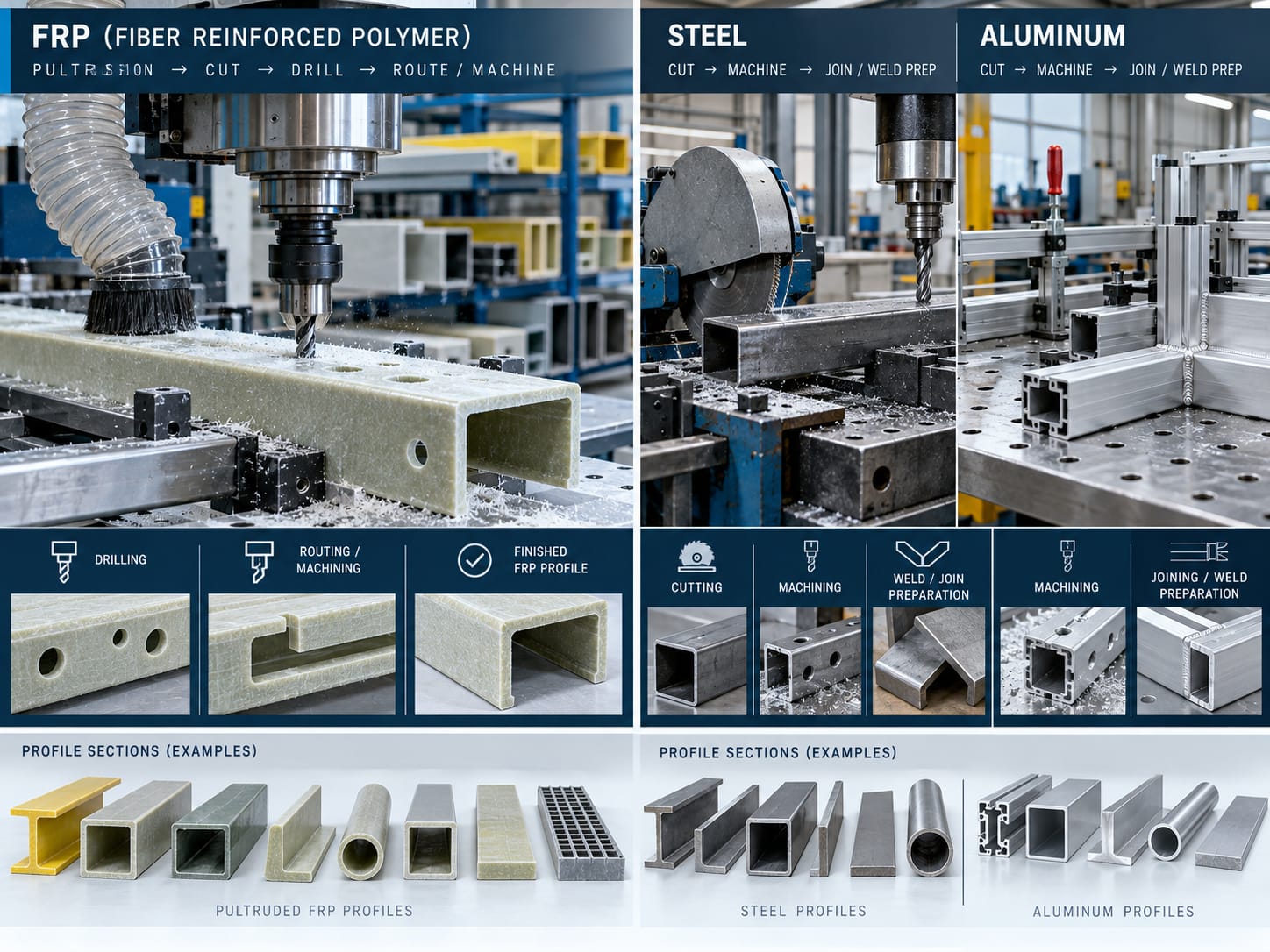 FRP drilling and machining compared with steel and aluminum profile fabrication methods