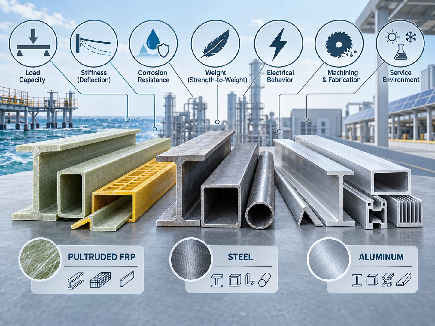 Engineering selection factors for comparing FRP, steel and aluminum profiles