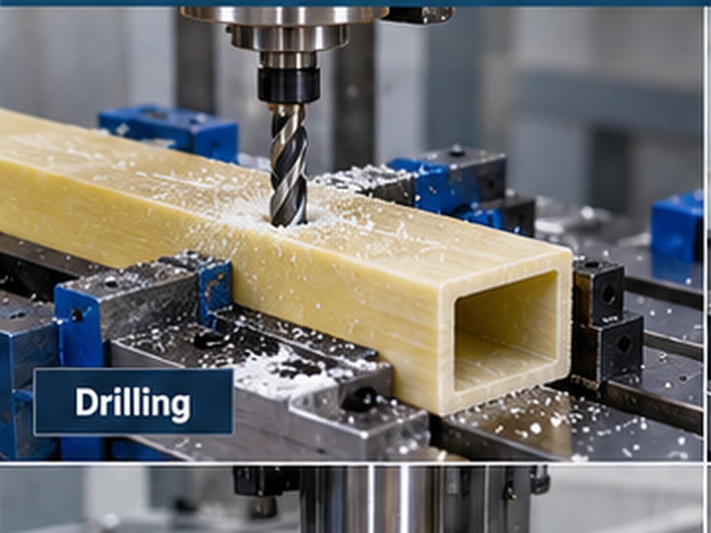Pultruded FRP profiles undergoing supported drilling, slotting and CNC machining