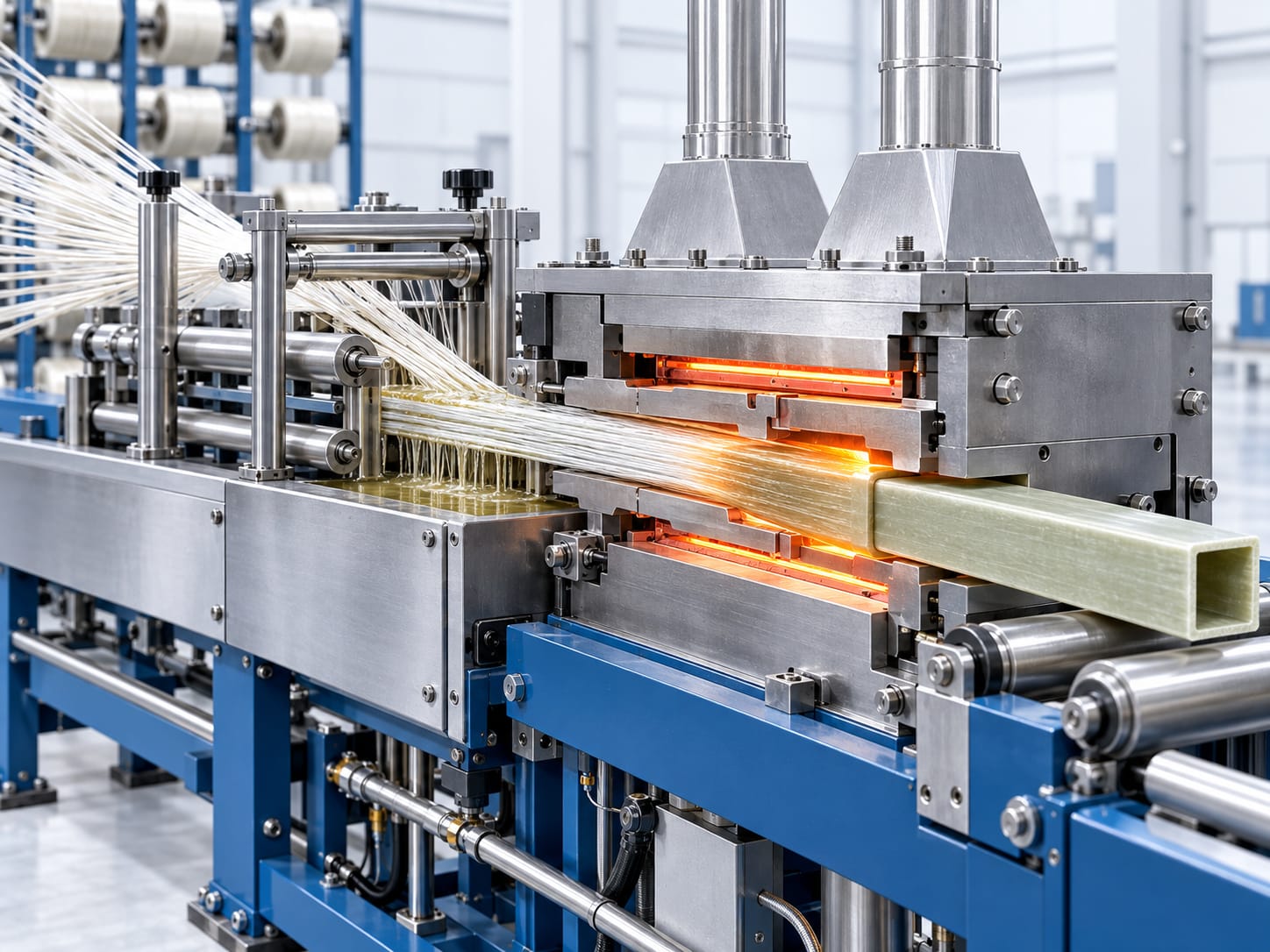 Fiberglass and resin entering a heated die and emerging as a constant-cross-section FRP profile