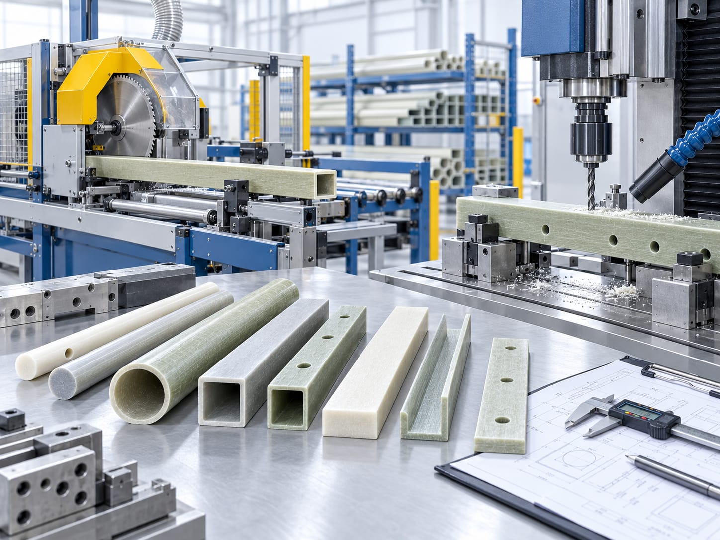 Pultruded FRP profiles being cut, drilled and dimensionally inspected