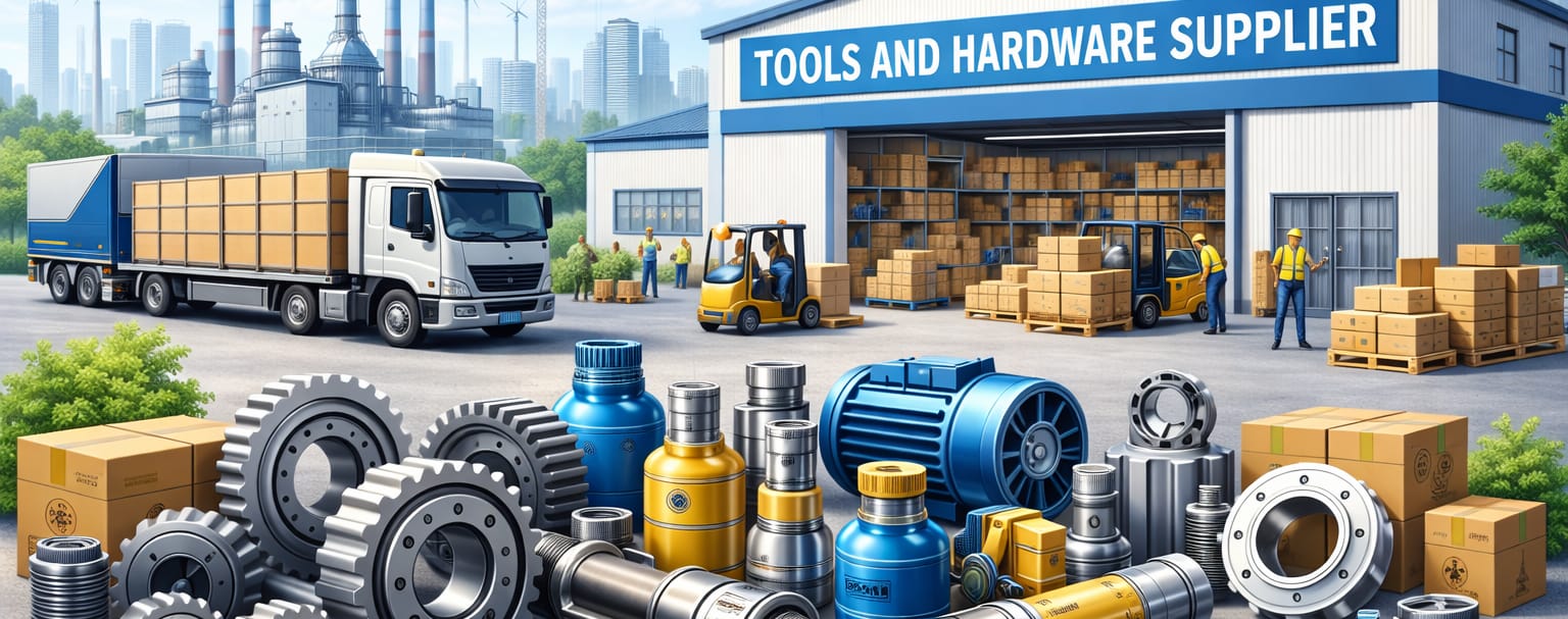 Cluster of premium tools and hardware components, including industrial-grade pliers, wrenches, screwdrivers, gears, and fasteners, displayed with a supply chain logistics illustration featuring a warehouse with 'TOOLS AND HARDWARE SUPPLIER' signage and delivery trucks on a pure white background.