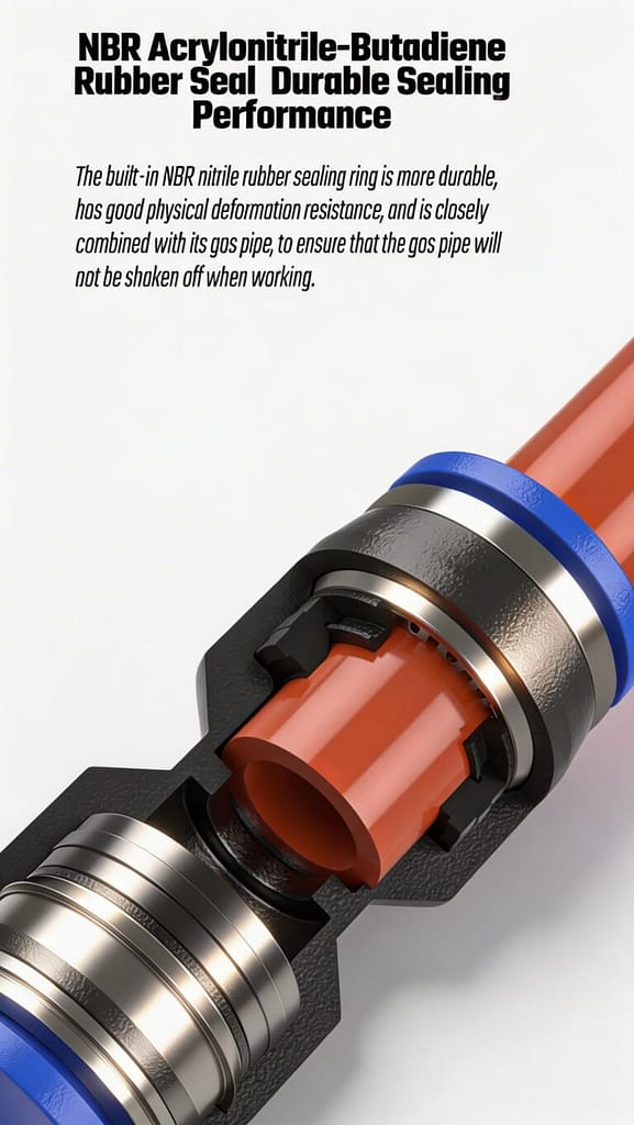 Close-up of NBR Acrylonitrile-Butadiene Rubber Seal in a pneumatic fitting, showing durable sealing performance and physical deformation resistance for gas pipes.