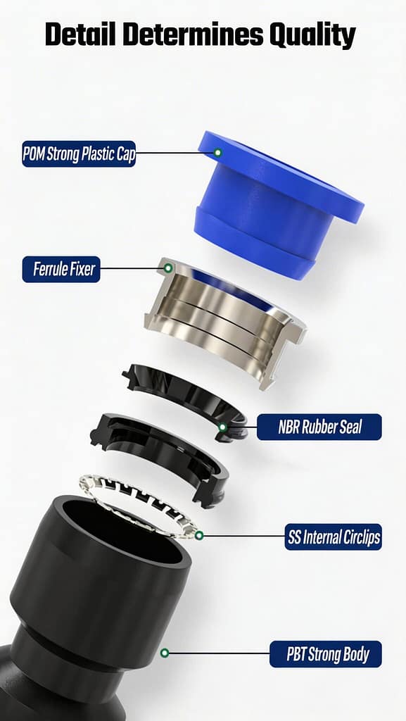 Exploded view of a pneumatic push-to-connect fitting showing POM plastic cap, ferrule fixer, NBR rubber seal, SS internal circlips, and PBT strong body.