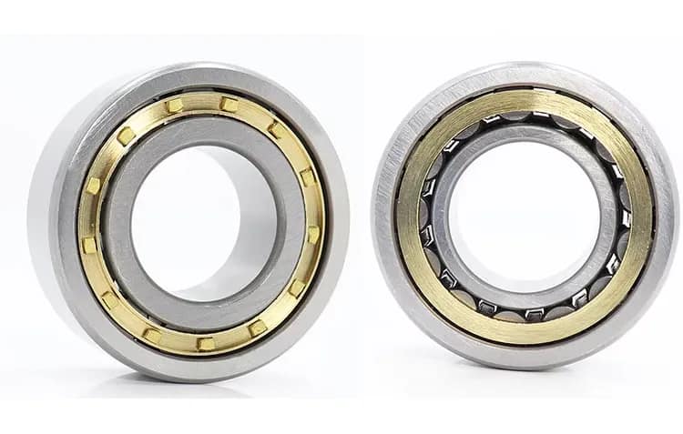 A pair of high-precision single row cylindrical roller bearings with machined brass cages, engineered for high radial load capacity and high-speed stability in industrial electric motors.