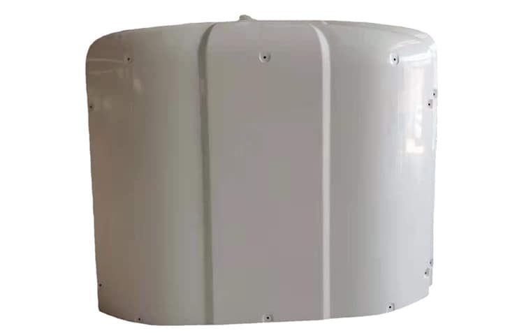 High-precision metric white FRP bus air conditioner shell featuring a hand lay-up multi-directional fiberglass structure, stitched non-crimp for omidirectional reinforcement, optimized resin wet-out, and high-modulus fireproof performance, engineered for absolute structural integrity solutions, supplied by DISLAB.