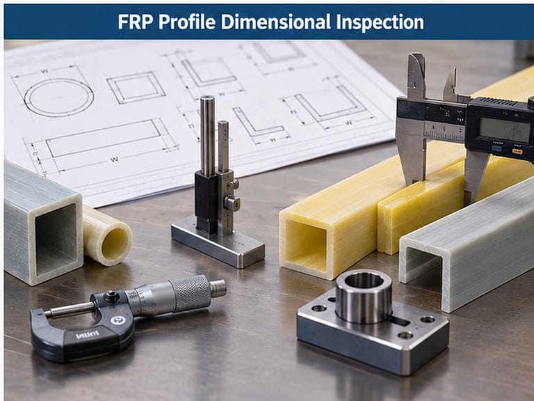 Pultruded FRP profile dimensions being checked with calipers, gauges and an engineering drawing