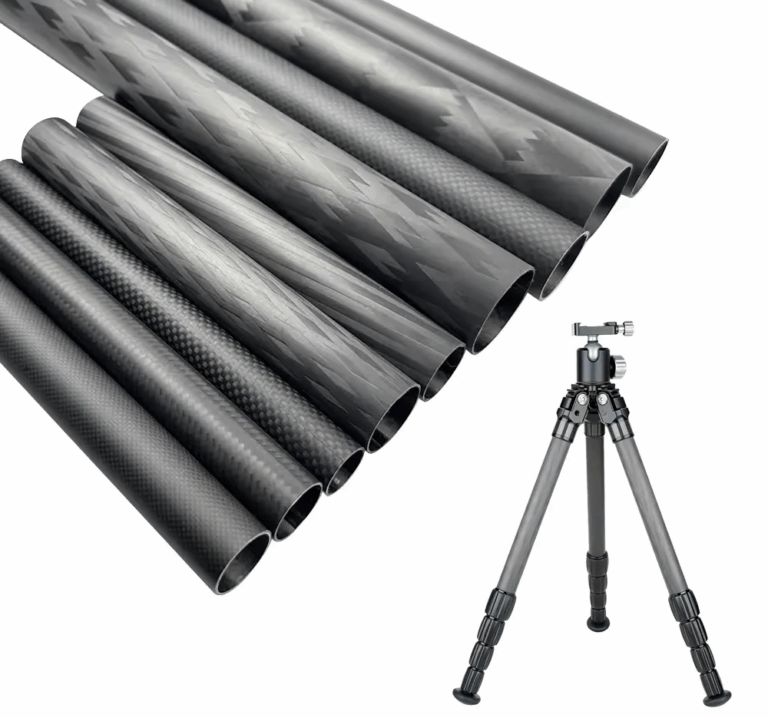Multiple sizes of carbon fiber tubes with diverse weaves shown alongside a professional carbon fiber tripod for photography gear manufacturing.