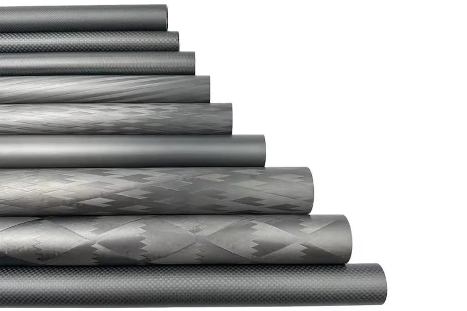 Detailed close-up showing varied carbon fiber tube surface finishes, including standard 3K plain weave, high-strength UD glossy, smooth matte, and specialized custom patterns for diverse applications.