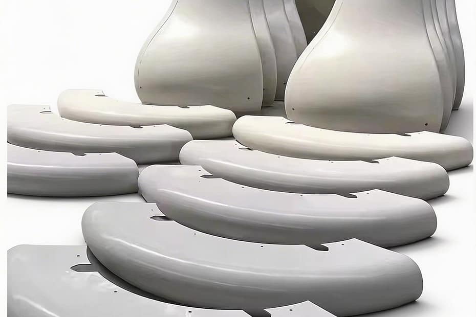 Custom-shaped fiberglass enclosure for industrial machinery, featuring a complex geometric design with high-strength FRP material, providing durable protection and a professional finish for equipment housing, manufactured by DISLAB.