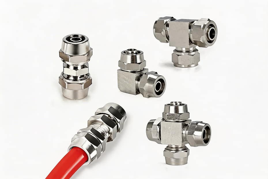 Close-up display of an assortment of industrial-grade pneumatic connectors, featuring straight, elbow, tee, and cross shapes, made of corrosion-resistant nickel-plated brass.