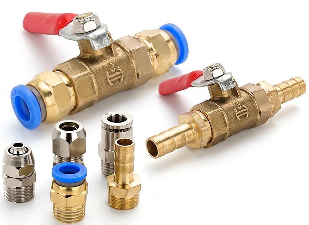 Cluster of mini forged brass ball valves with red handles, featuring one push-to-connect type with blue ring and one barbed end valve, displayed with a variety of male threaded pneumatic fittings on a pure white background.
