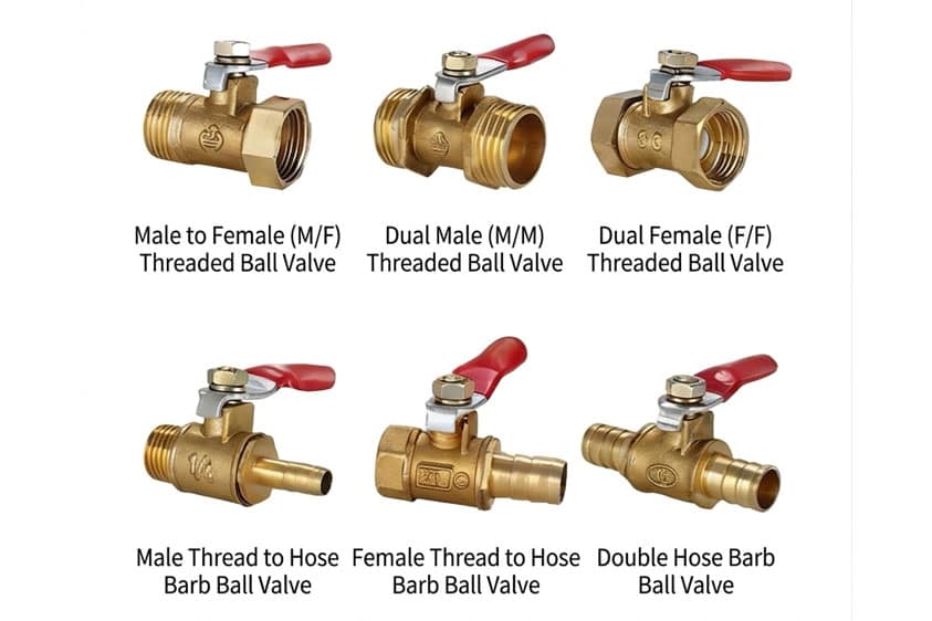 Mini brass ball valves with male/female/barb connections for pneumatic air systems control.
