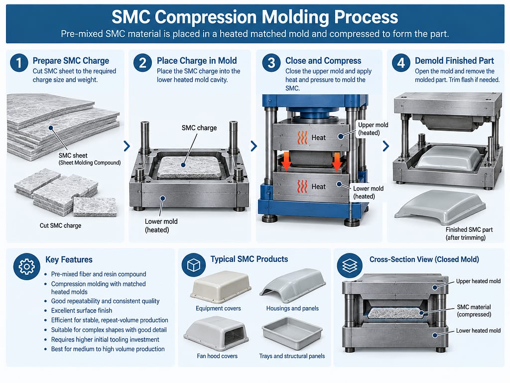 SMC compression molding with heated matched molds and fiberglass SMC charge
