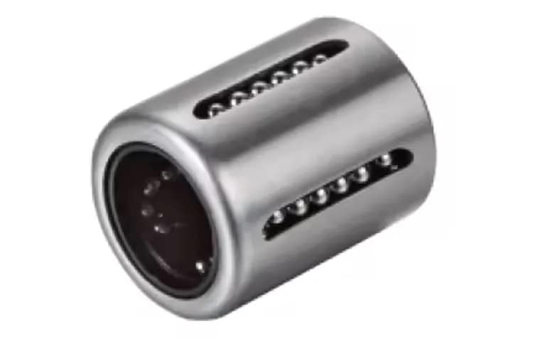 3D render of a compact KH series linear ball bearing with drawn cup outer ring, showing the internal recirculating balls, suitable for miniature industrial linear motion systems.