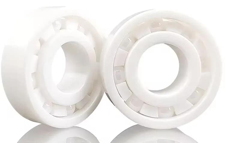 High-precision white ZrO2 full zirconia ceramic ball bearings designed for extreme corrosion resistance, high temperature, and non-magnetic environments in semiconductor and medical manufacturing, engineered by DISLAB.
