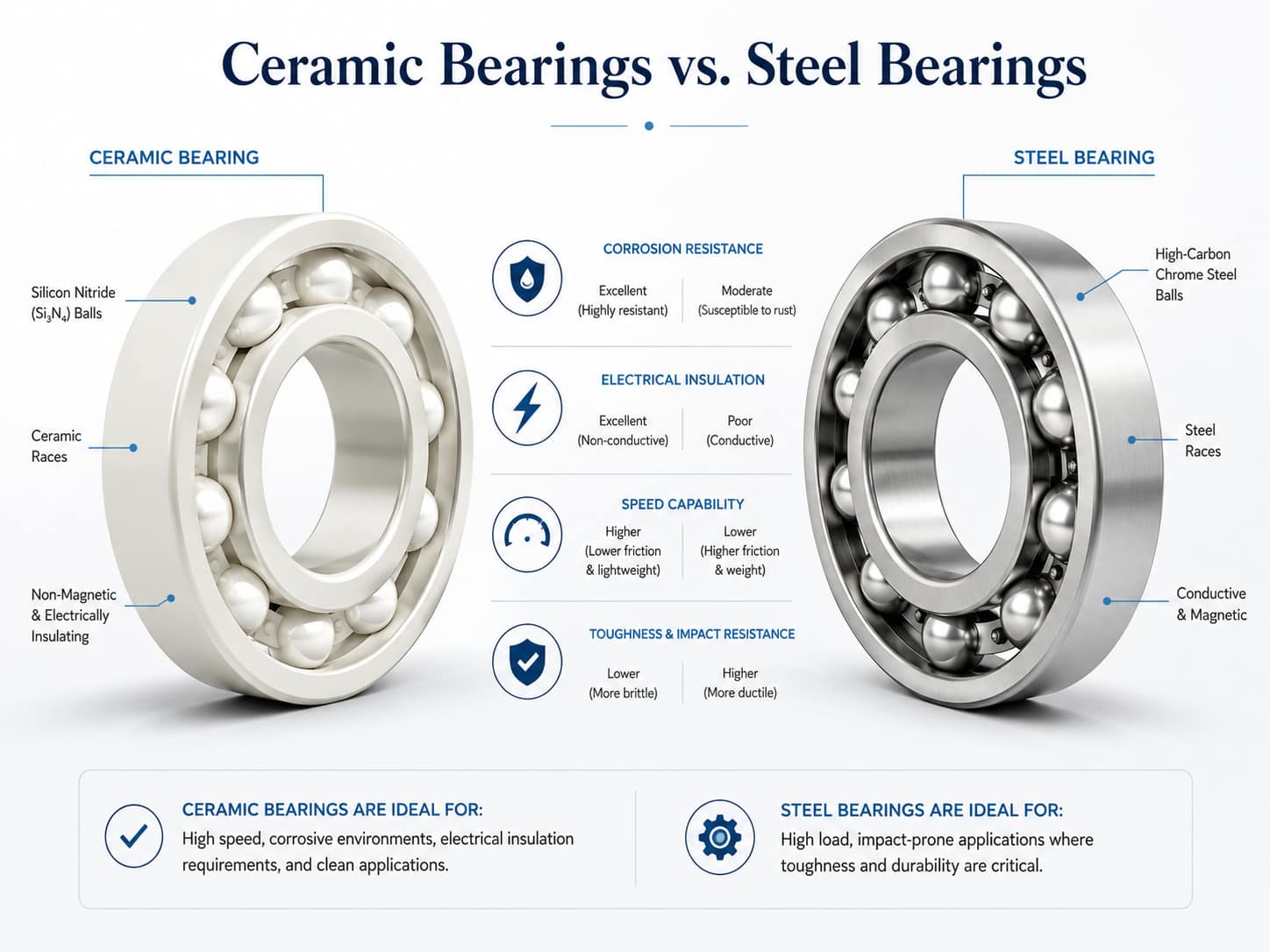 Side by side comparison of ceramic bearings and steel bearings by corrosion resistance, insulation, speed and toughness