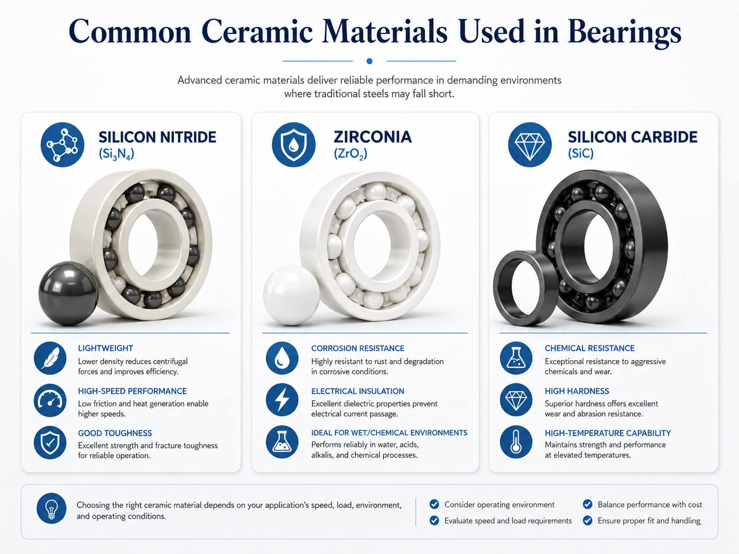 Comparison of silicon nitride, zirconia and silicon carbide ceramic bearing materials