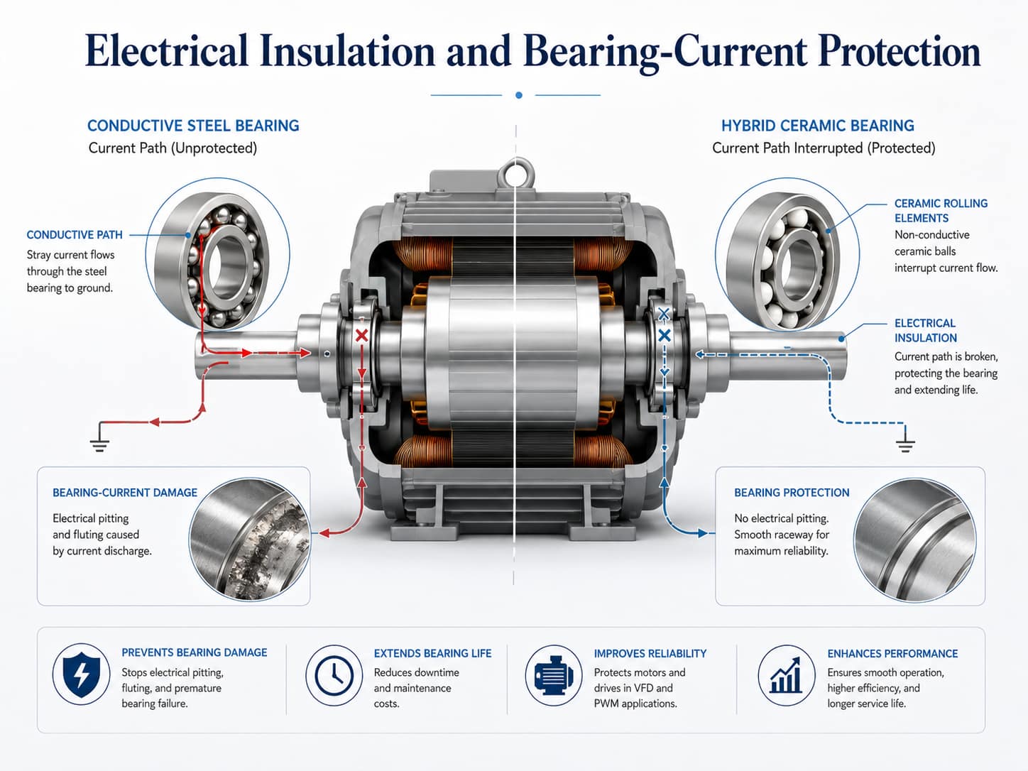 Electric motor diagram comparing current flow through a steel bearing with current interruption in a hybrid ceramic bearing