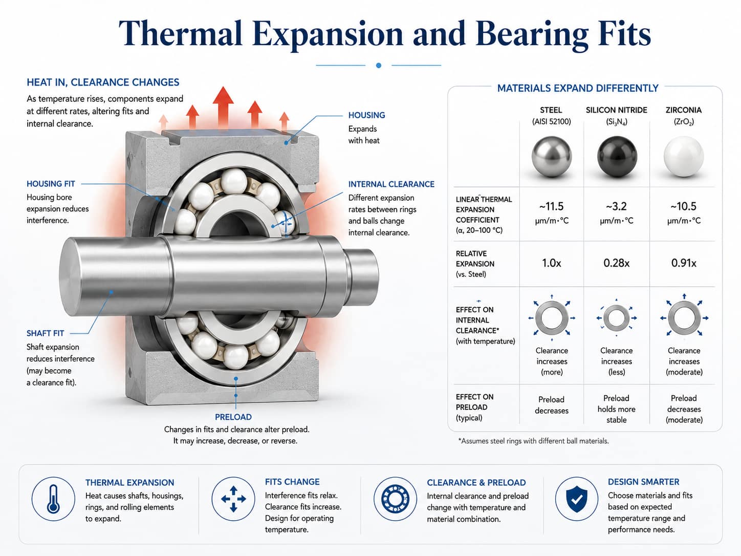 Bearing cross section showing how thermal expansion changes shaft fit, housing fit, clearance and preload