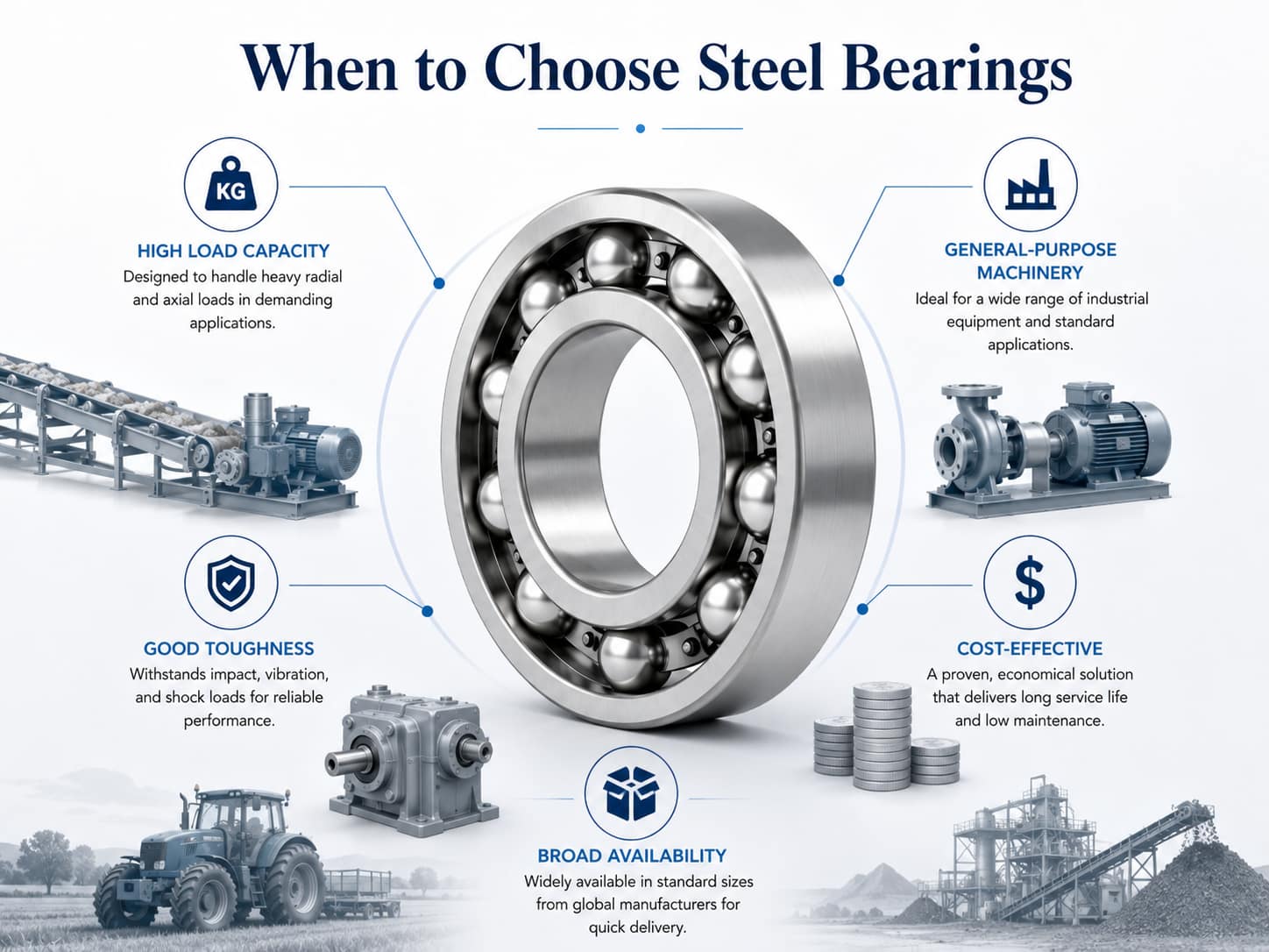 Steel bearing selection guide showing load capacity, toughness, cost effectiveness and industrial availability