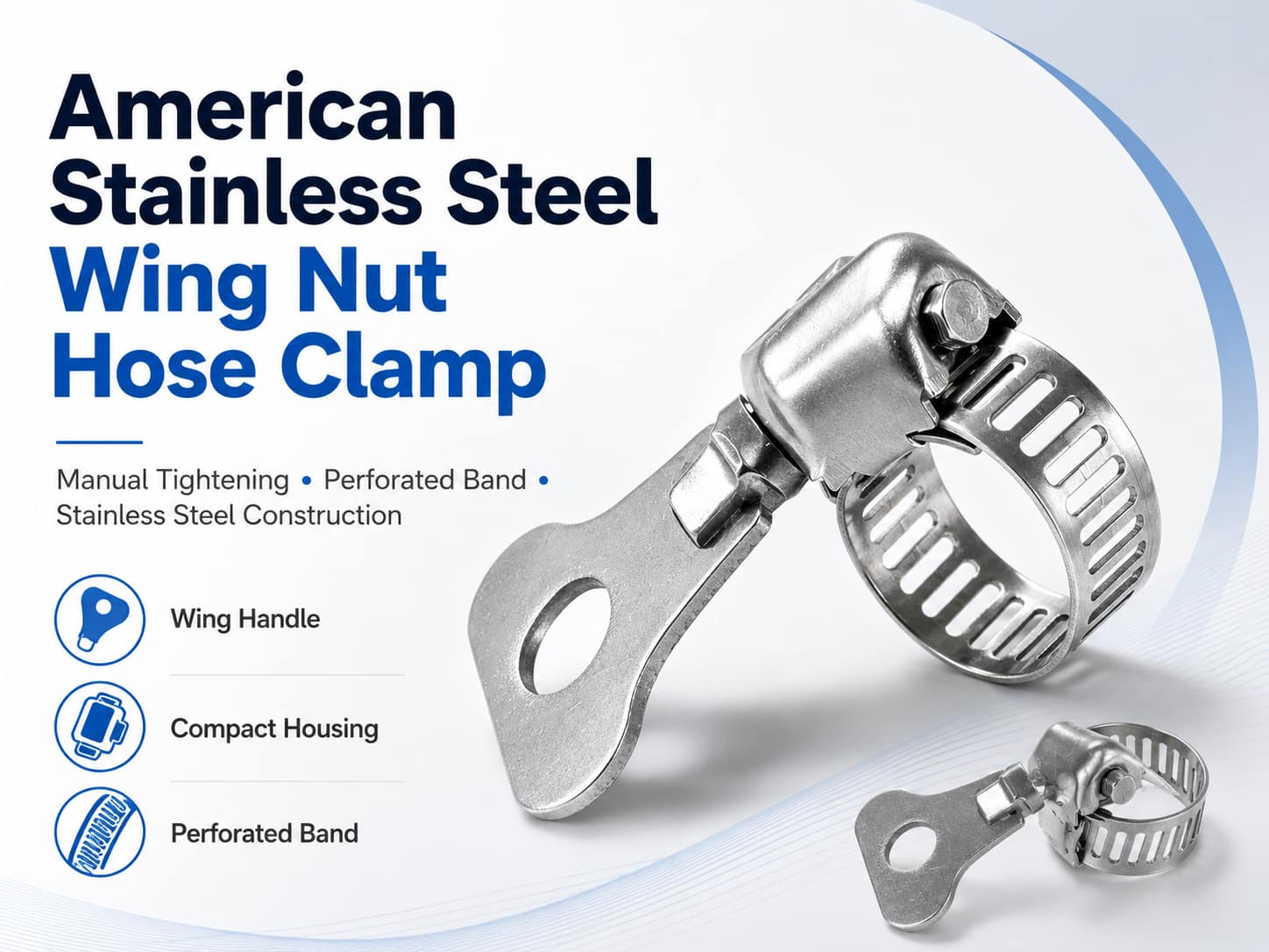Stainless steel wing nut hose clamp with manual adjustment handle