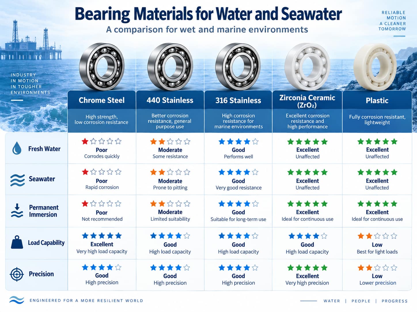 Bearing materials comparison for water and seawater environments