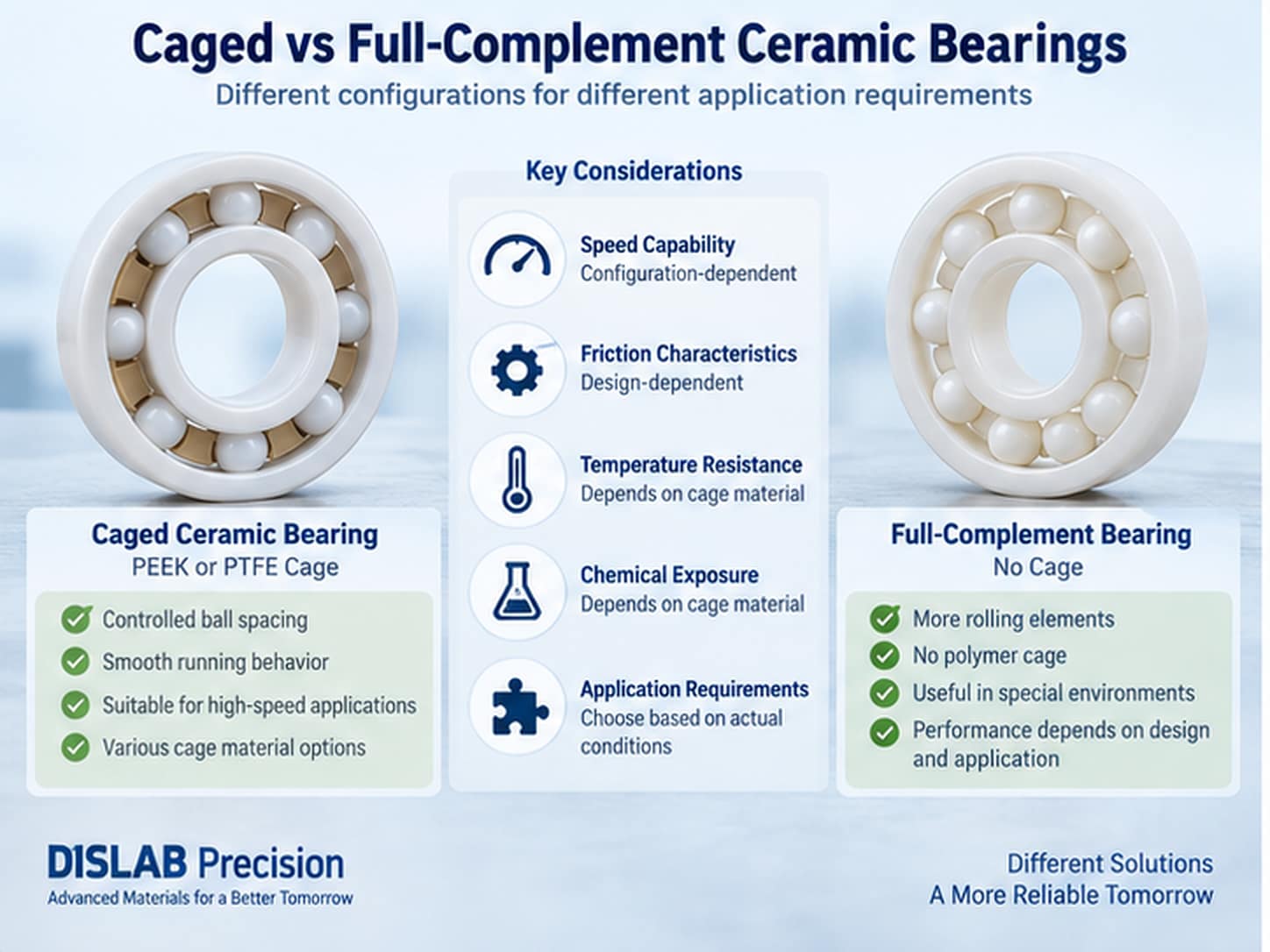 Caged versus full-complement ceramic bearing configuration selection