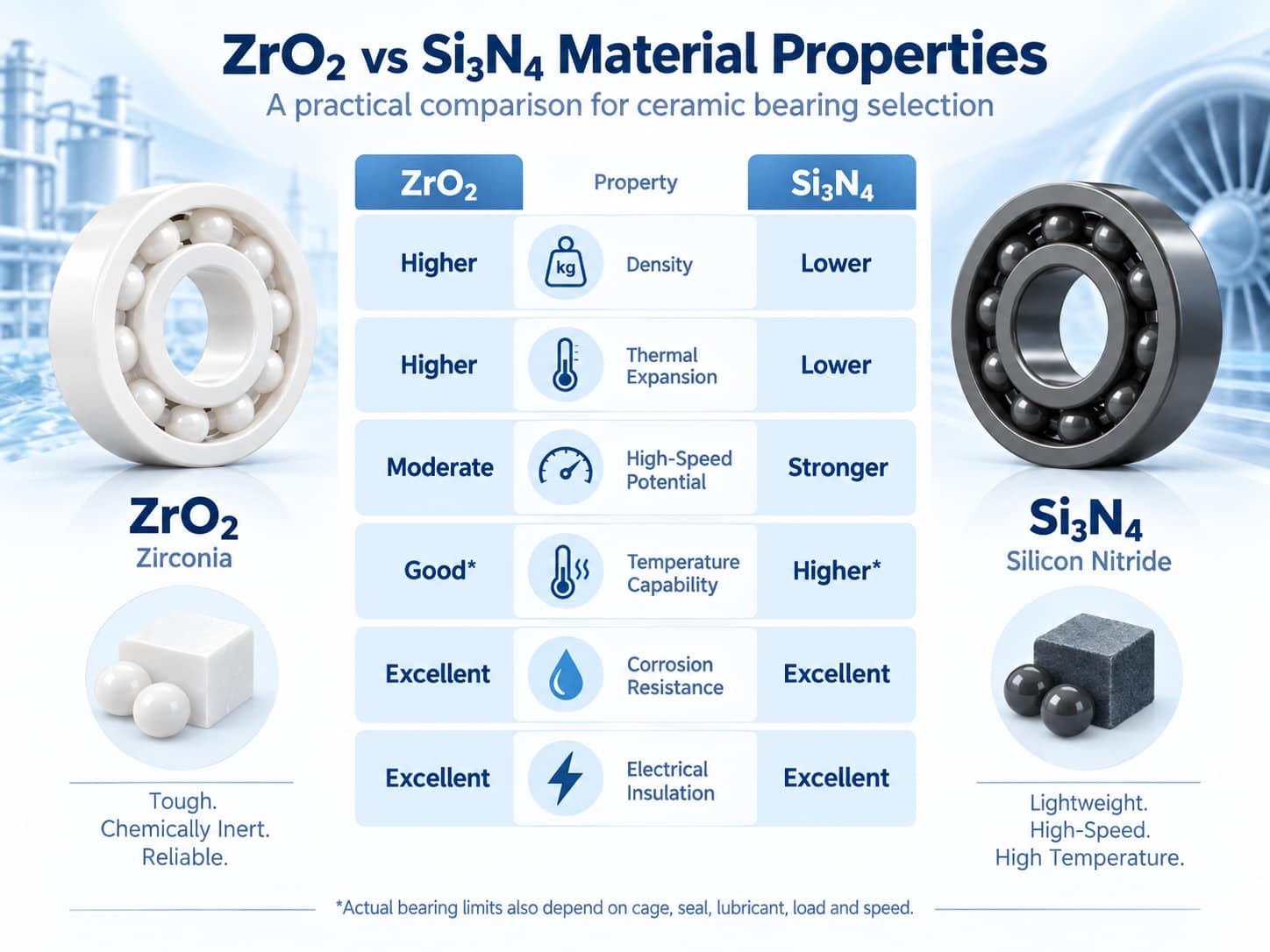 ZrO2 vs Si3N4 ceramic bearing material properties comparison