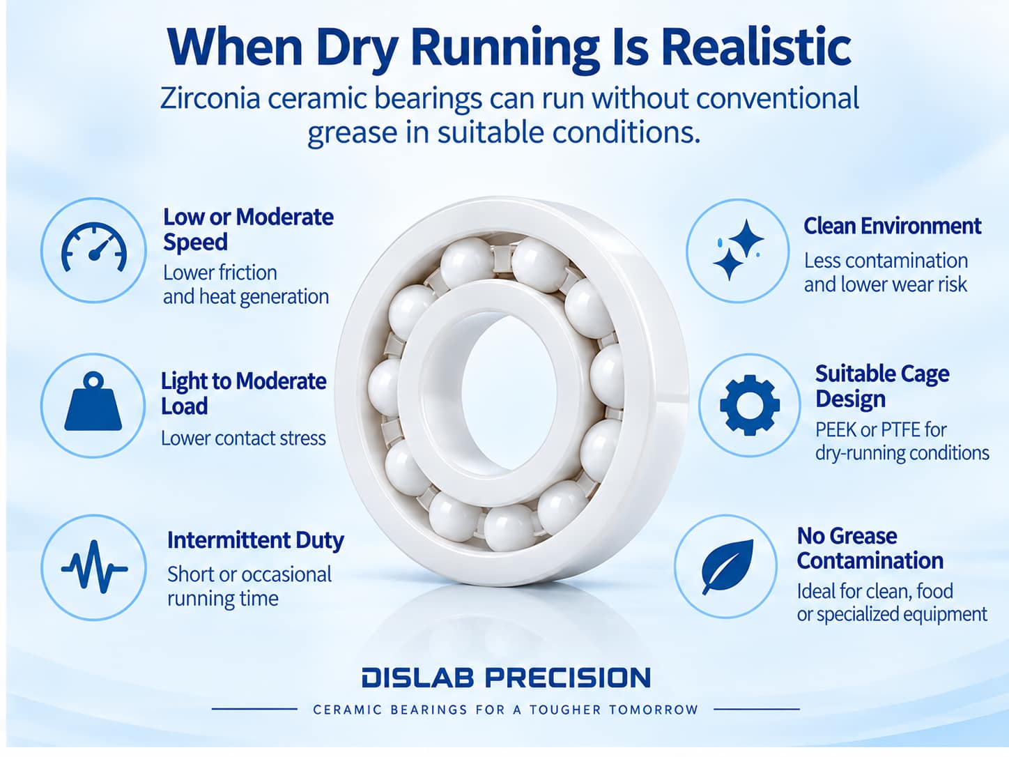 Dry running conditions for zirconia ceramic bearings