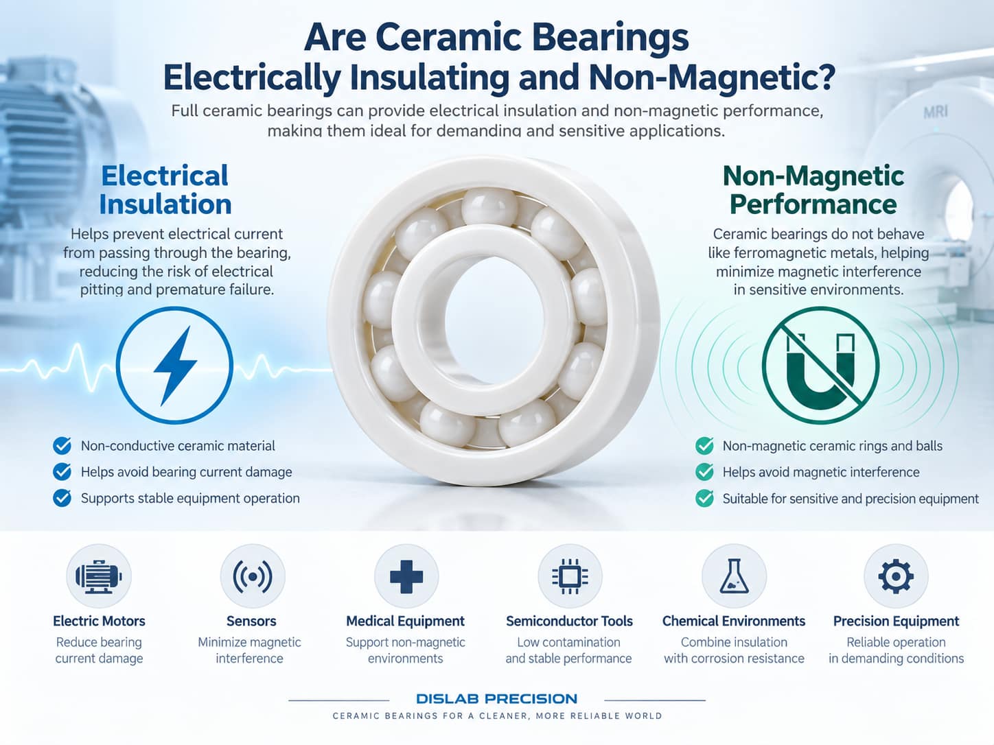 Ceramic bearings with electrical insulation and non-magnetic performance for sensitive applications