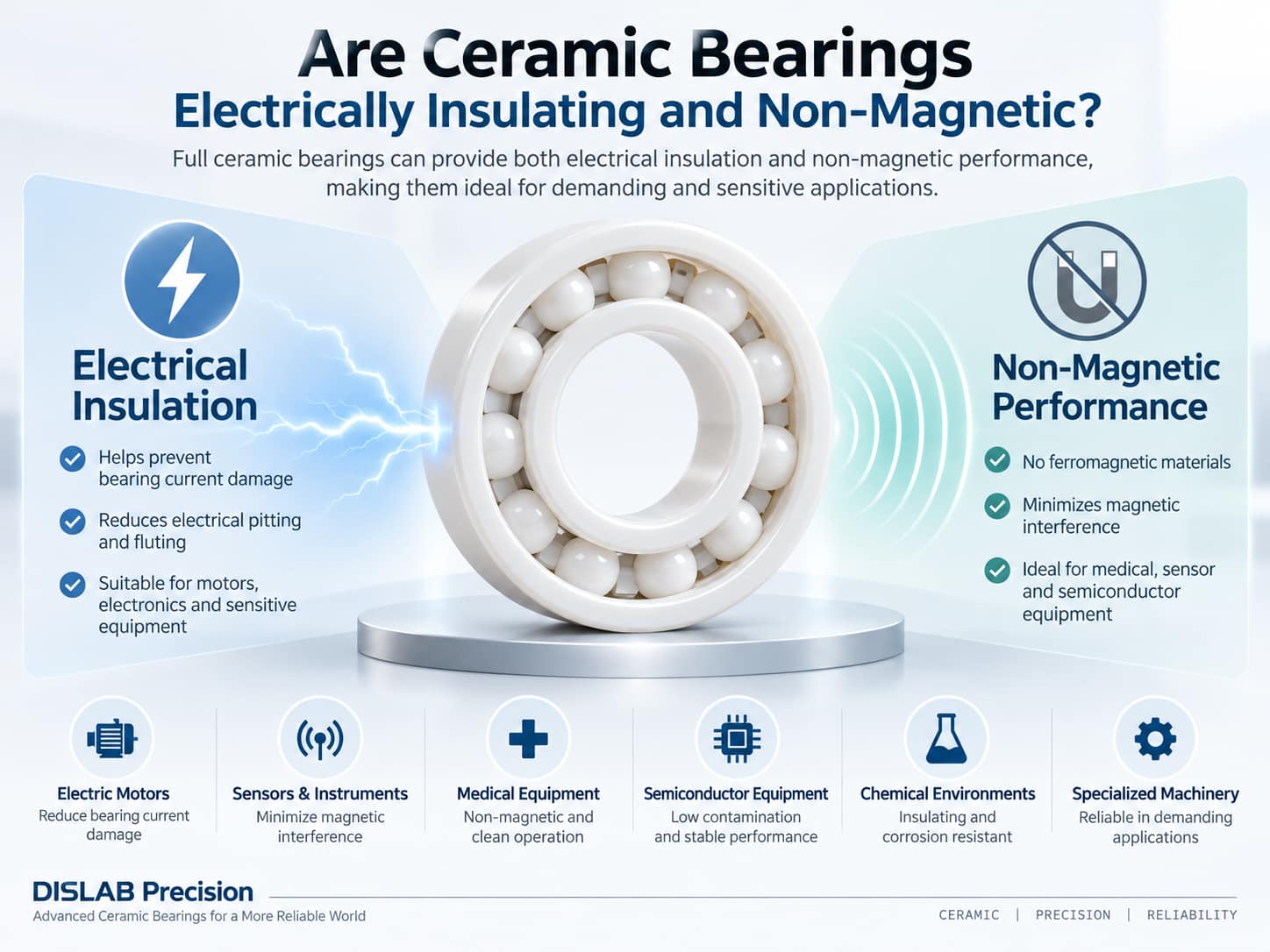 Non-magnetic and electrically insulating ceramic bearings for demanding applications