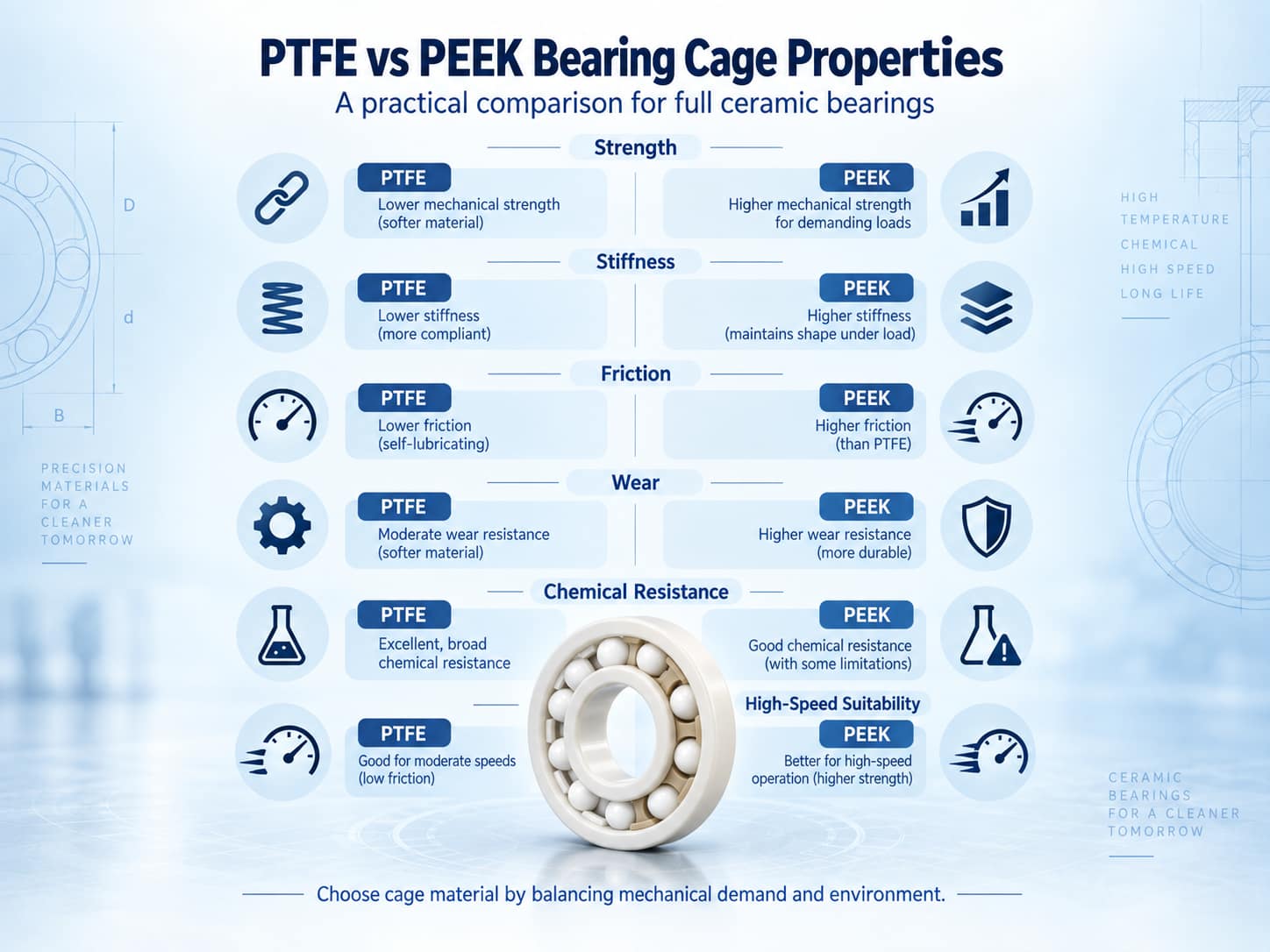PTFE vs PEEK ceramic bearing cage material properties