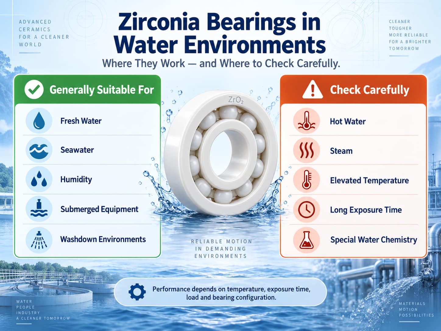 Zirconia ceramic bearings in water seawater hot water and steam environments